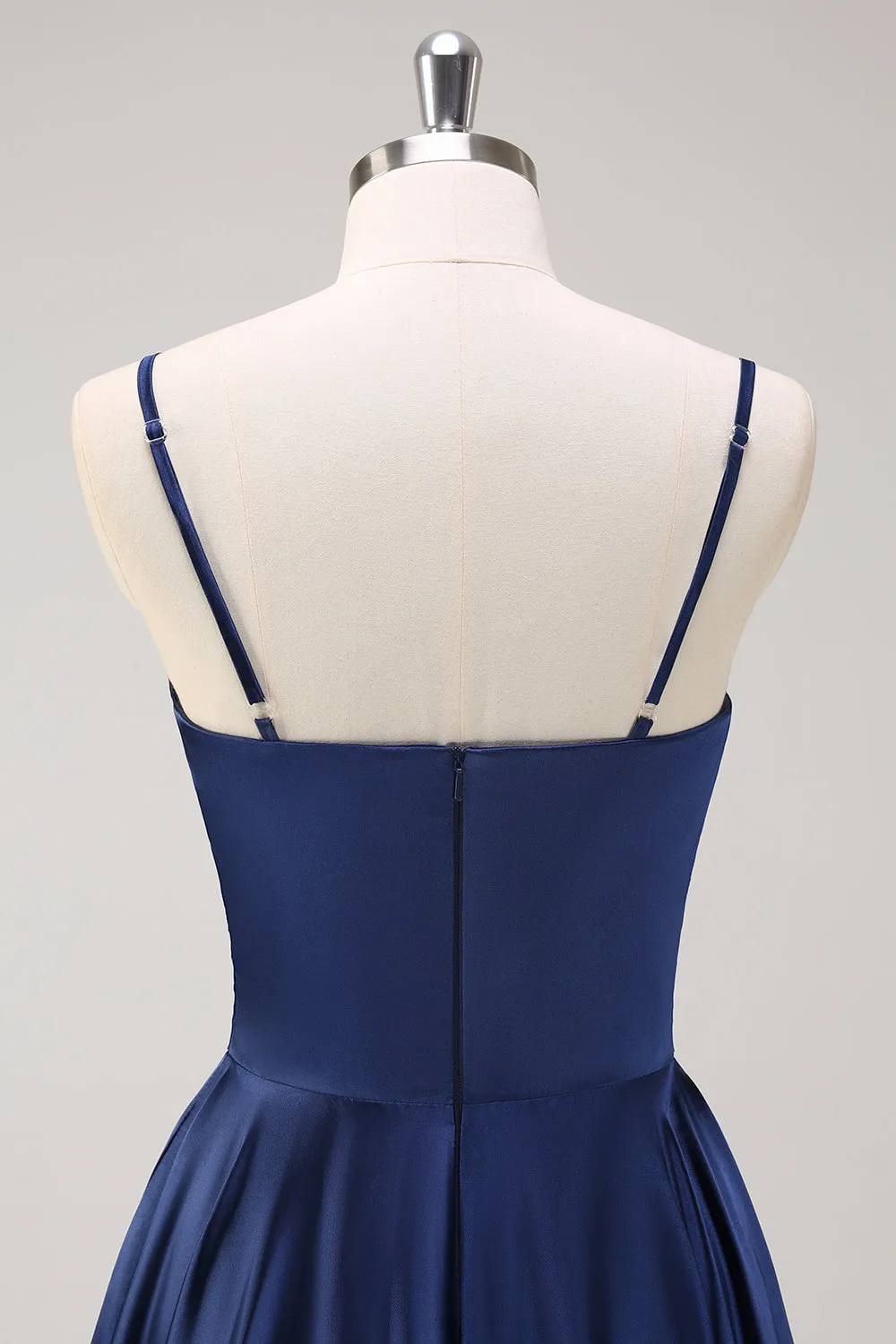 Navy A-Line Ruched Spaghetti Straps Tea Length Bridesmaid Dress sold by Zapaka product image thumbnail 5