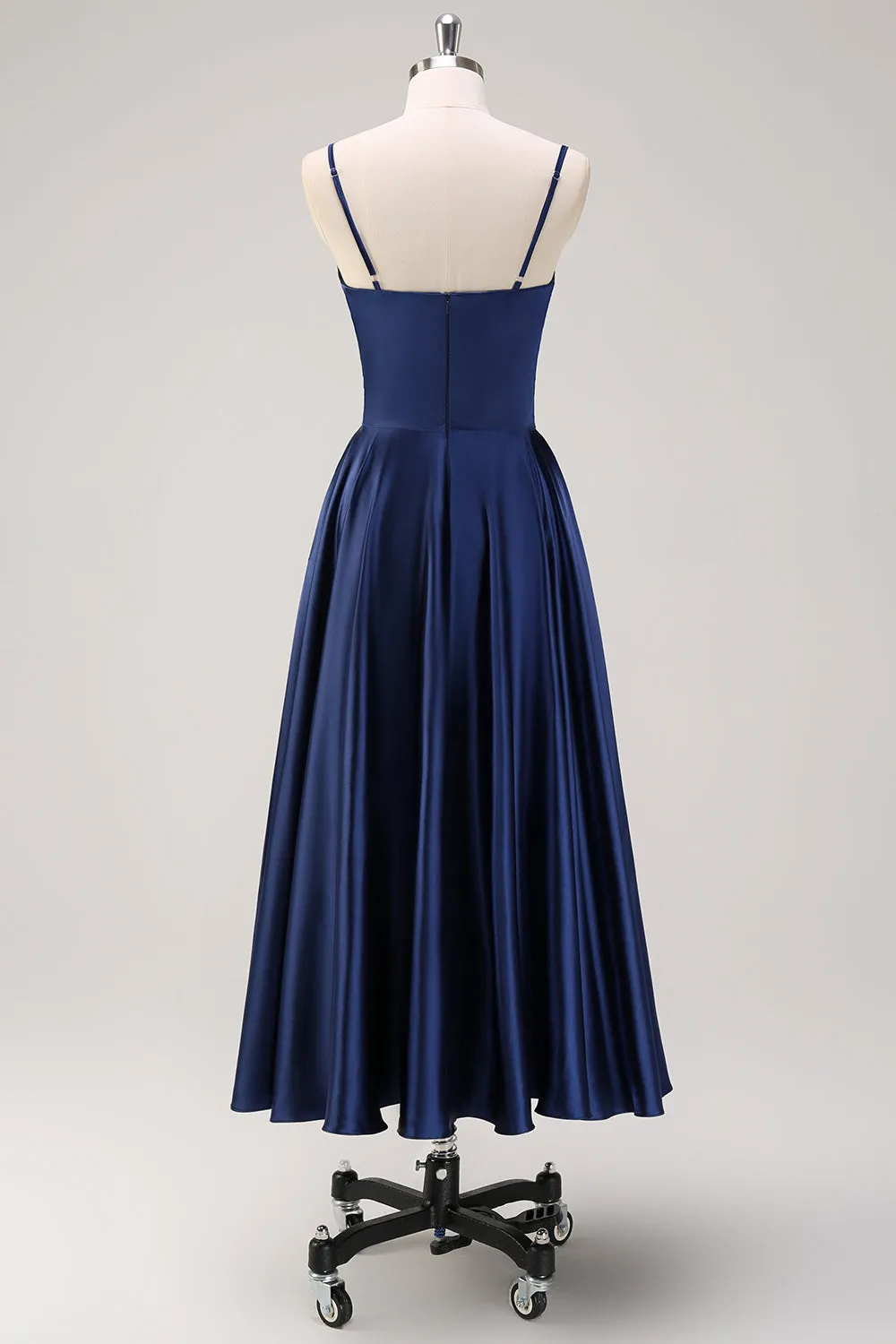Navy A-Line Ruched Spaghetti Straps Tea Length Bridesmaid Dress sold by Zapaka product image thumbnail 2