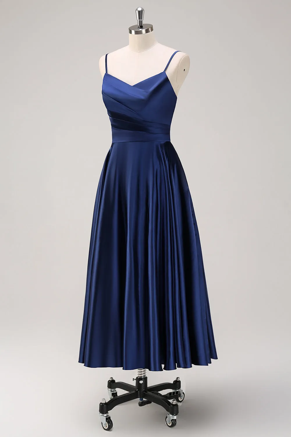 Navy A-Line Ruched Spaghetti Straps Tea Length Bridesmaid Dress sold by Zapaka product image thumbnail 3