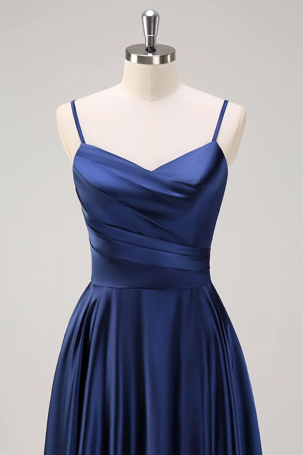 Navy A-Line Ruched Spaghetti Straps Tea Length Bridesmaid Dress sold by Zapaka product image thumbnail 4
