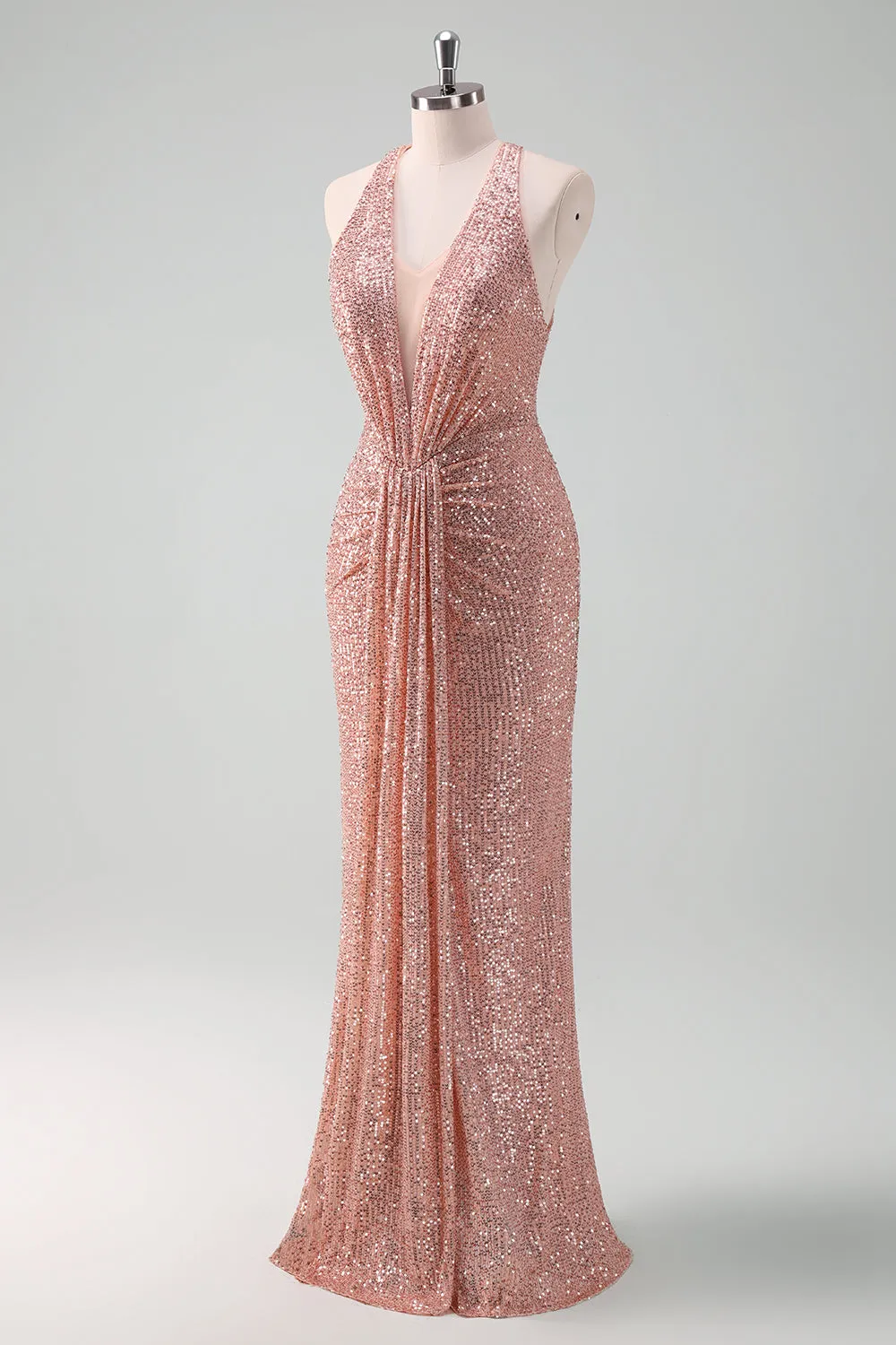 Sparkly Blush Halter Mermaid Long Prom Dress sold by Zapaka product image thumbnail 3