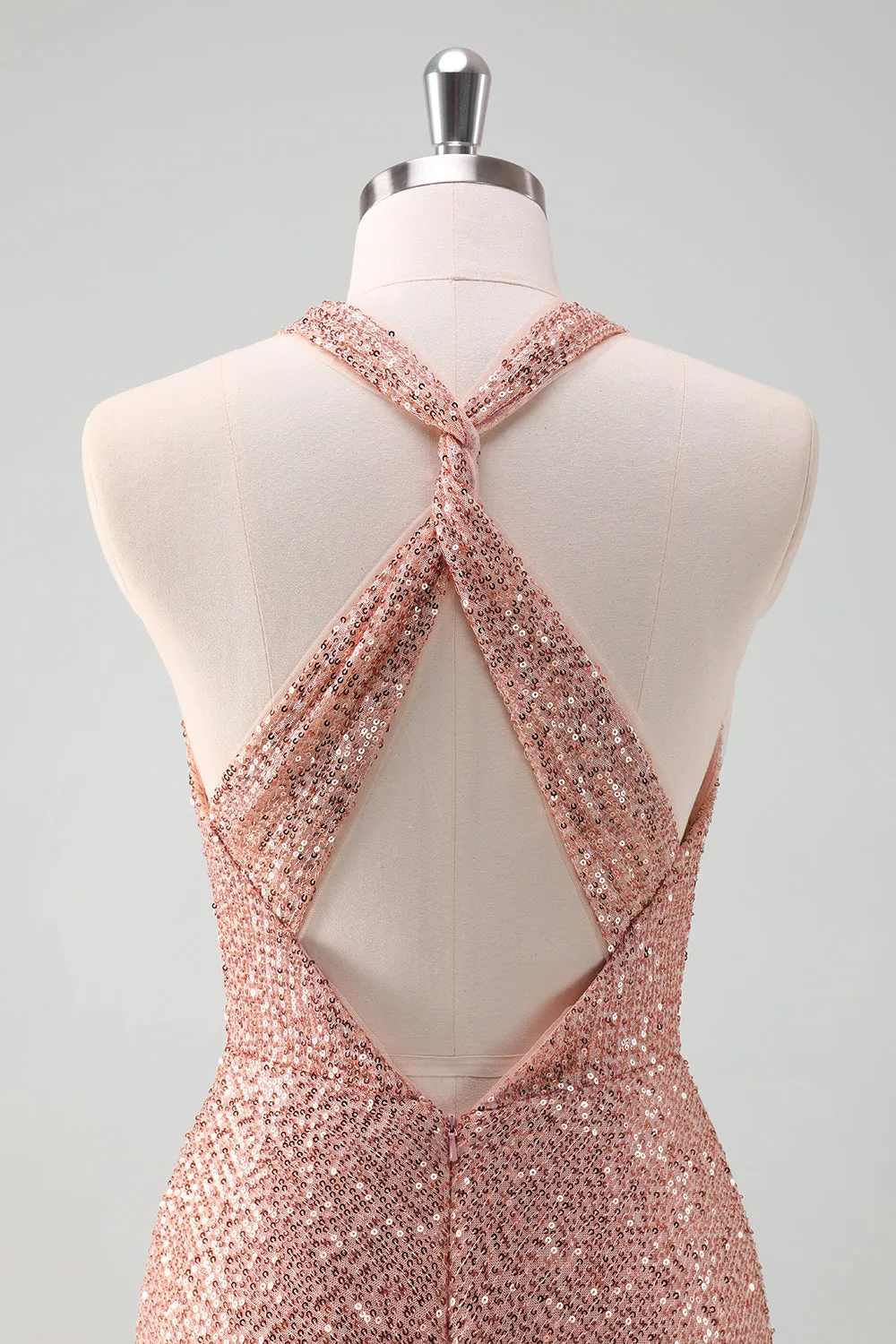 Sparkly Blush Halter Mermaid Long Prom Dress sold by Zapaka product image thumbnail 5