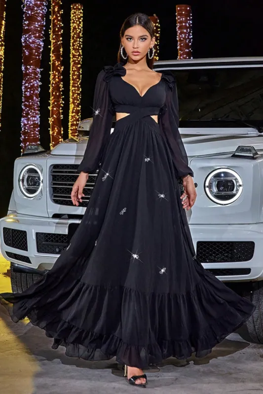 Black A-line Formal Dress with Long Sleeves sold by Zapaka