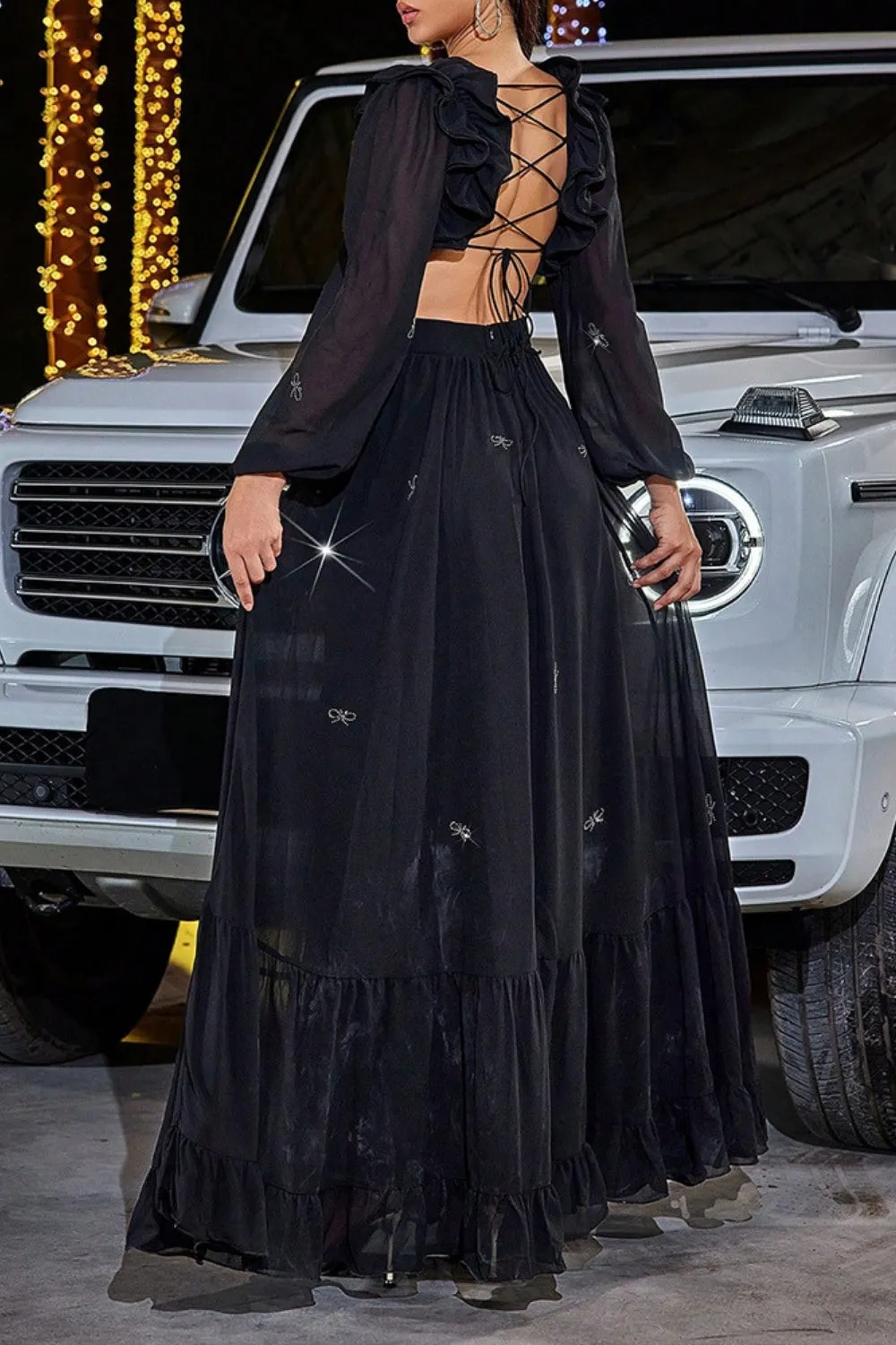 Black A-line Formal Dress with Long Sleeves sold by Zapaka product image thumbnail 2