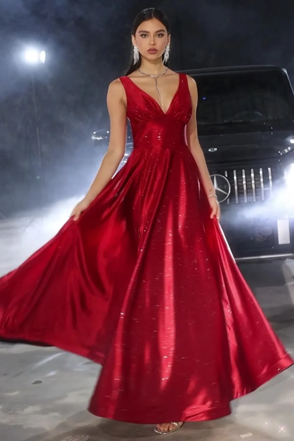 Burgundy A-Line V Neck Long Satin Formal Dress sold by Zapaka product image thumbnail 3