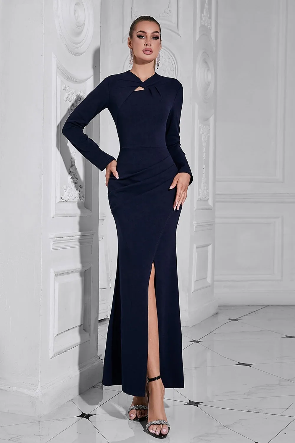 Navy Mermaid Long Sleeves Hollow Out Long Prom Dress with Slit sold by Zapaka