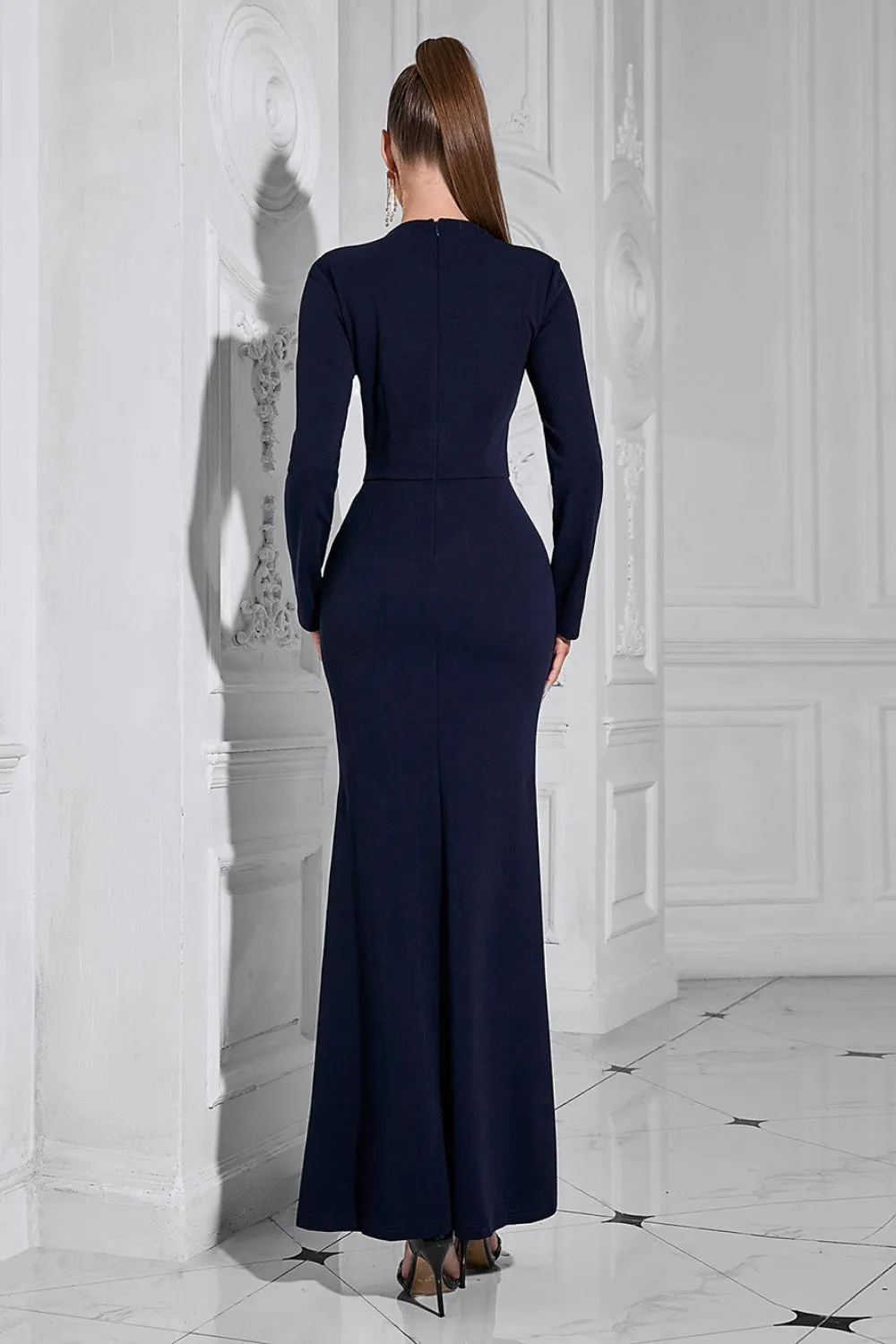 Navy Mermaid Long Sleeves Hollow Out Long Prom Dress with Slit sold by Zapaka product image thumbnail 2