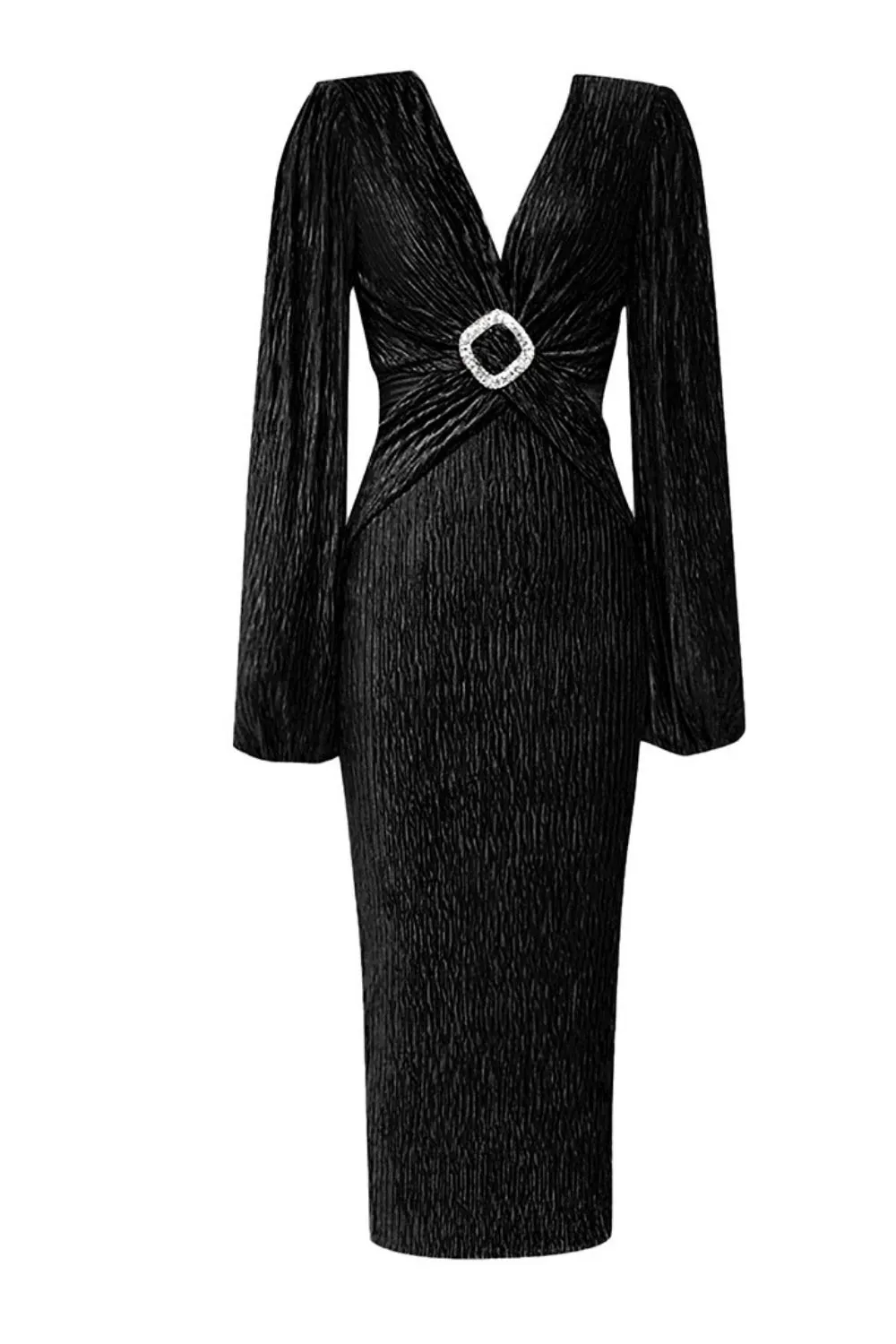 Sparkly Black Tight V Neck Long Sleeves Tea Length Formal Dress with Slit sold by Zapaka product image thumbnail 3