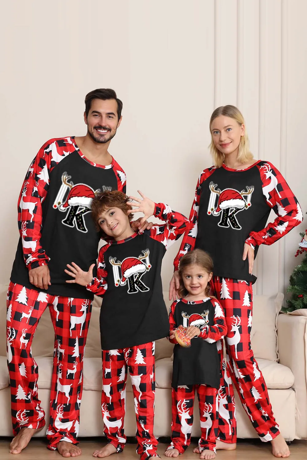 Black Red Deer Pattern Family Christmas Pajamas with Long Sleeve sold by Zapaka