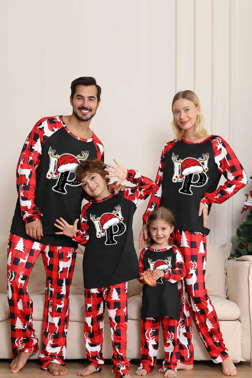Black and Red Tree and Deer Printed Family Christmas Pajamas sold by Zapaka