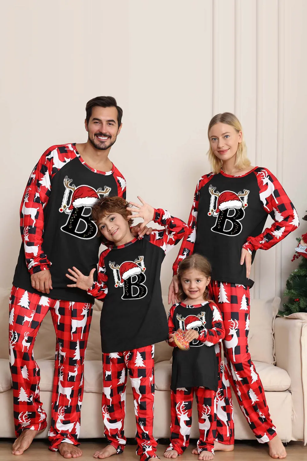Black Red Long Sleeve Family Christmas Pajamas with Deer Pattern sold by Zapaka product image thumbnail 2