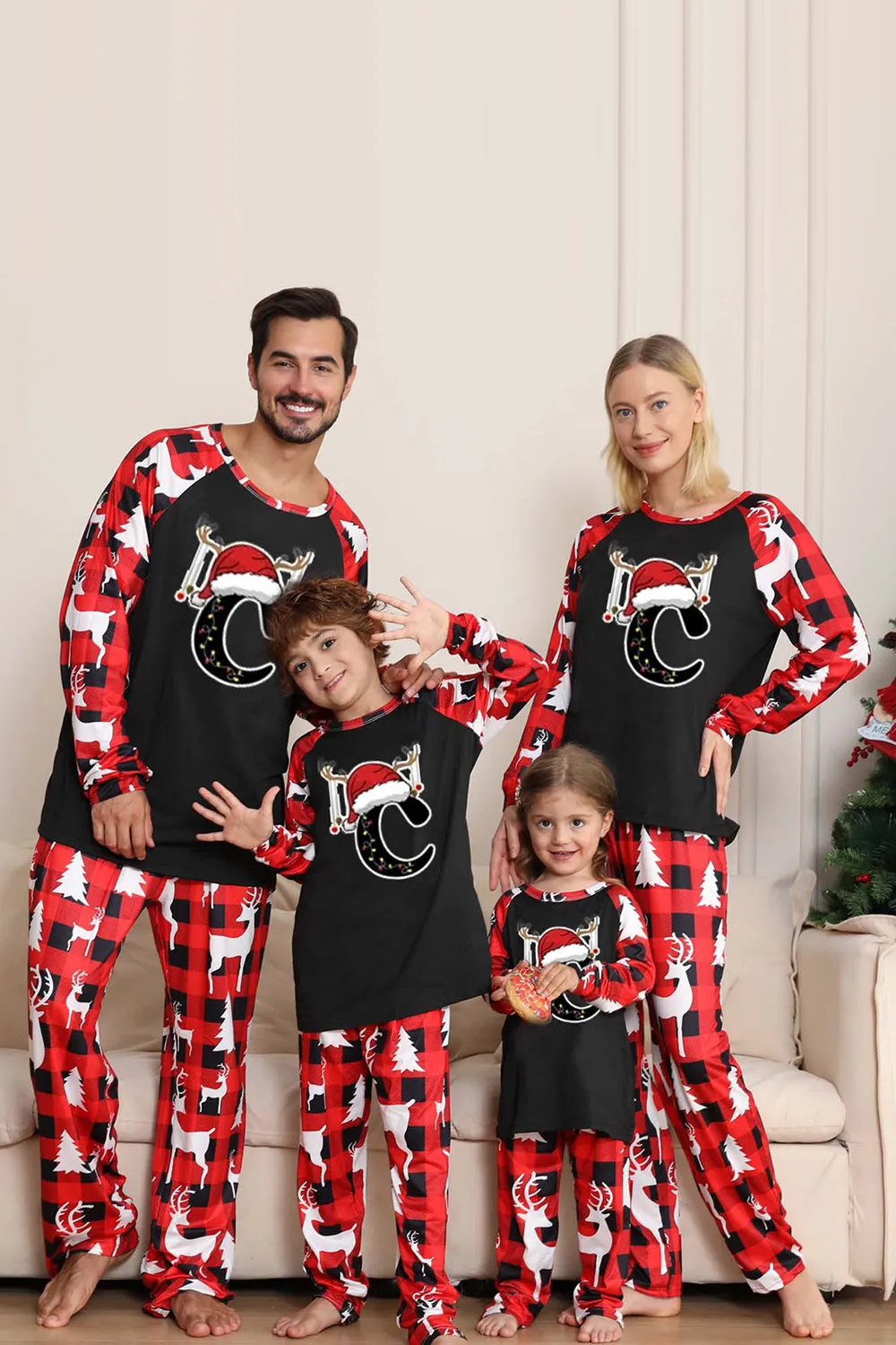 Black Red Long Sleeve Family Christmas Pajamas with Deer Pattern sold by Zapaka product image thumbnail 5