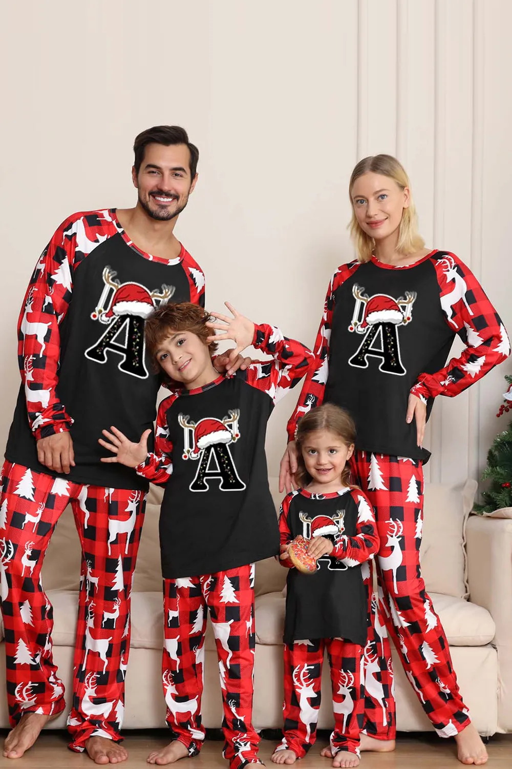 Black Red Long Sleeve Family Christmas Pajamas with Deer Pattern sold by Zapaka