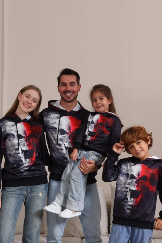 Black Skeleton Print Hooded Halloween Family Sweatshirts made by Zapaka