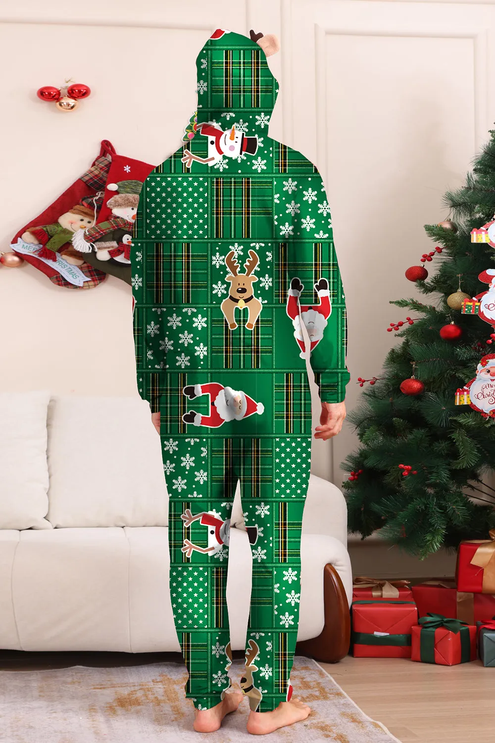 Green Snowflake Plaid Family Pajamas with Reindeer Hood sold by Zapaka product image thumbnail 4