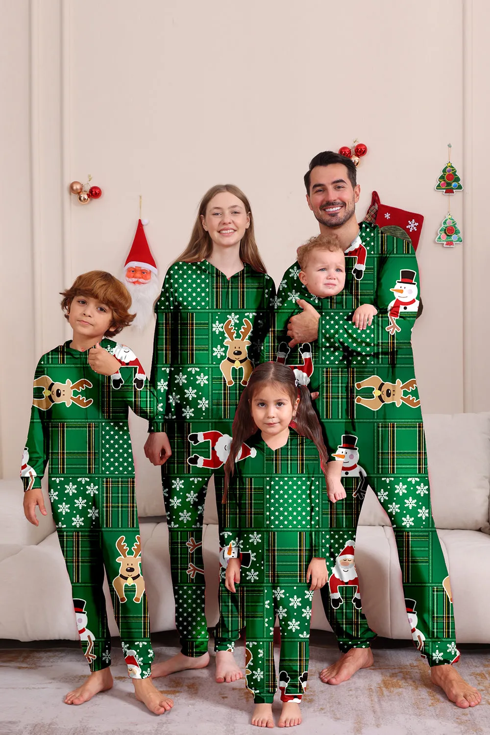 Green Snowflake Plaid Family Pajamas with Reindeer Hood sold by Zapaka