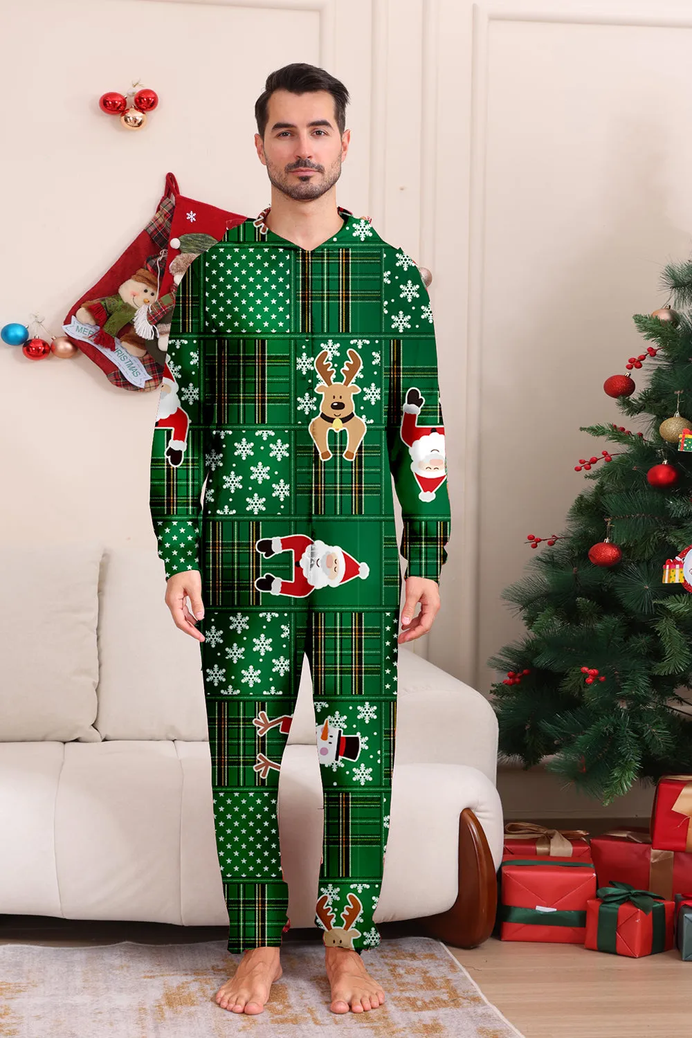Green Snowflake Plaid Family Pajamas with Reindeer Hood sold by Zapaka product image thumbnail 5