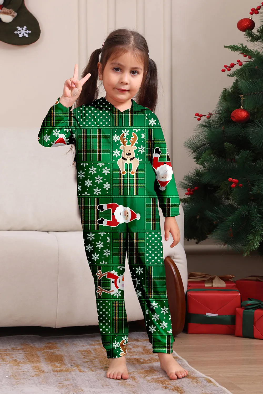 Green Snowflake Plaid Family Pajamas with Reindeer Hood sold by Zapaka product image thumbnail 2