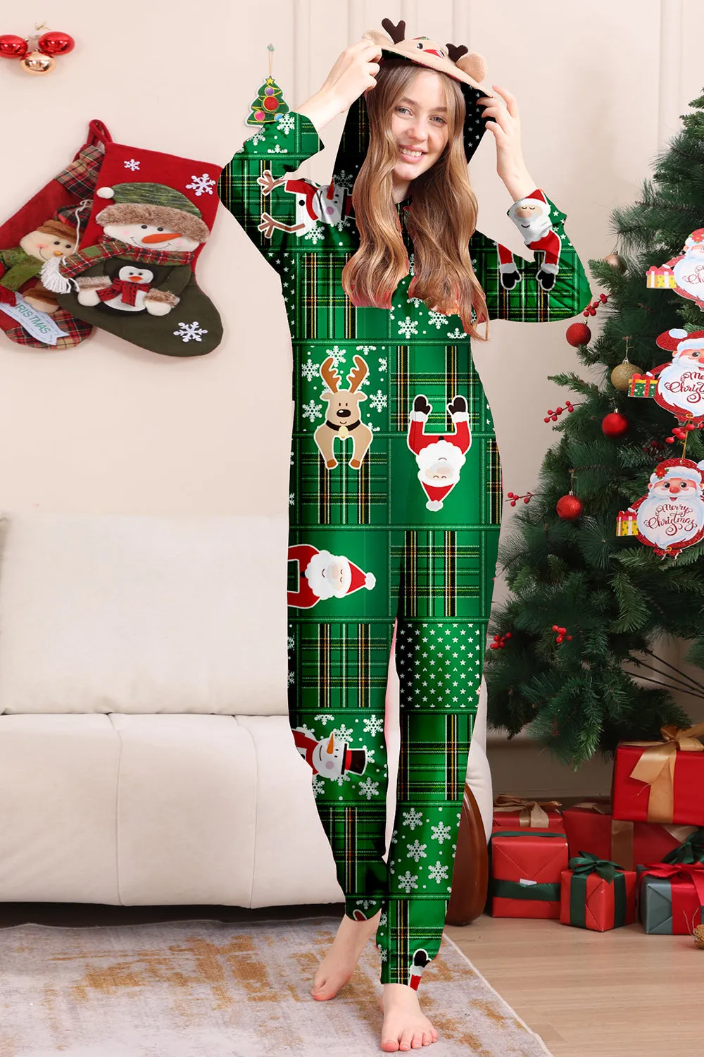 Green Snowflake Plaid Family Pajamas with Reindeer Hood sold by Zapaka product image thumbnail 3