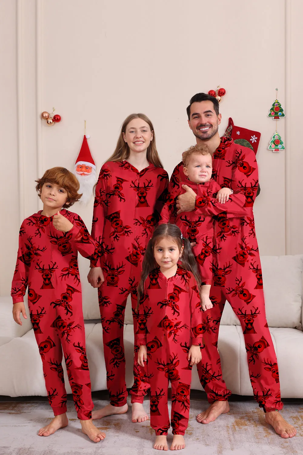 Elk Print Red Matching Christmas One Piece Pajamas sold by Zapaka