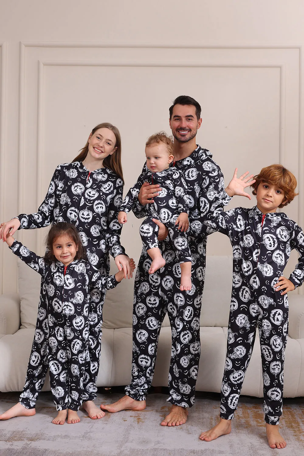 Pumpkin Print Black Matching Halloween One Piece Pajamas sold by Zapaka