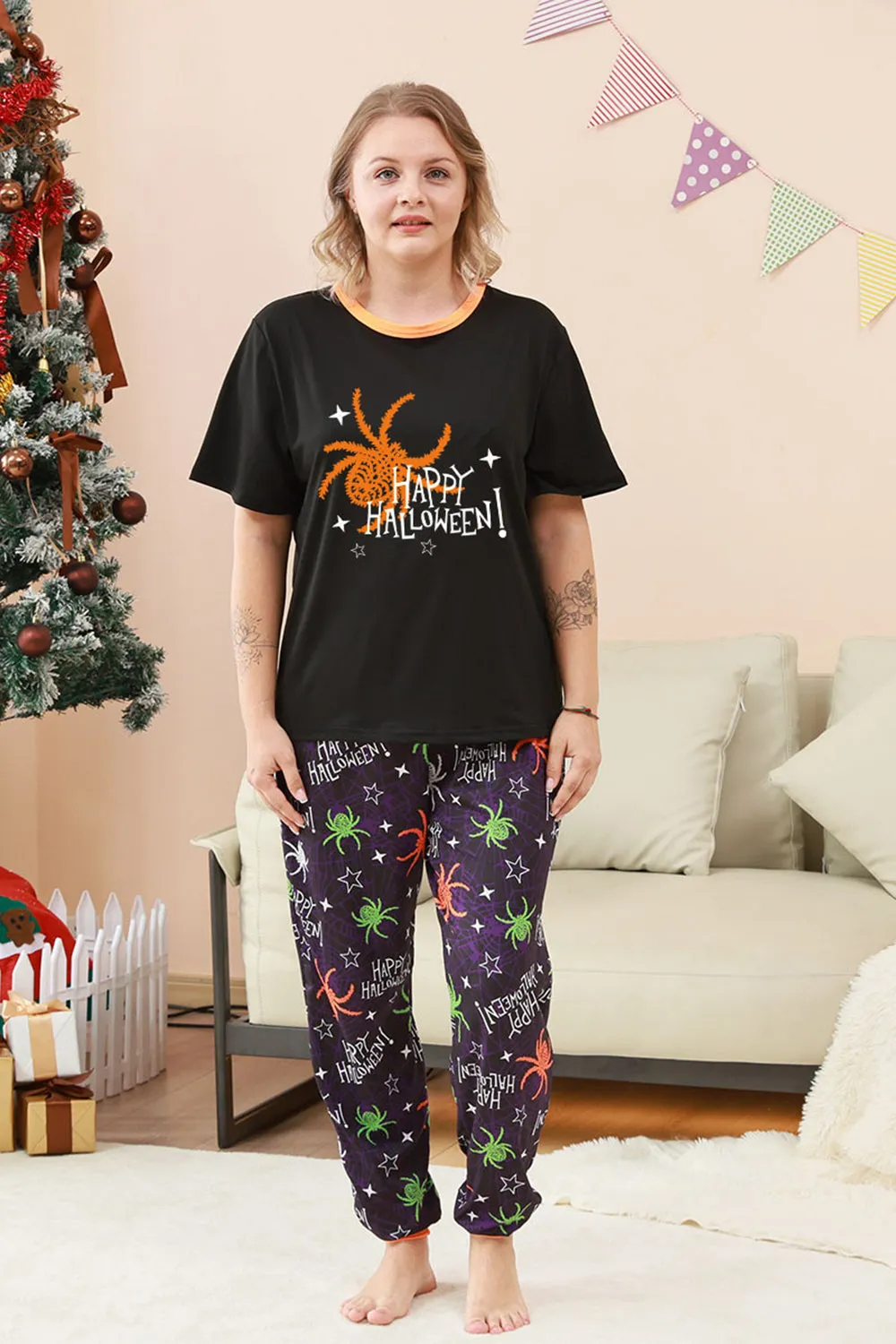 Black and Orange Spider Printed Halloween Family Pajamas Set sold by Zapaka product image thumbnail 5