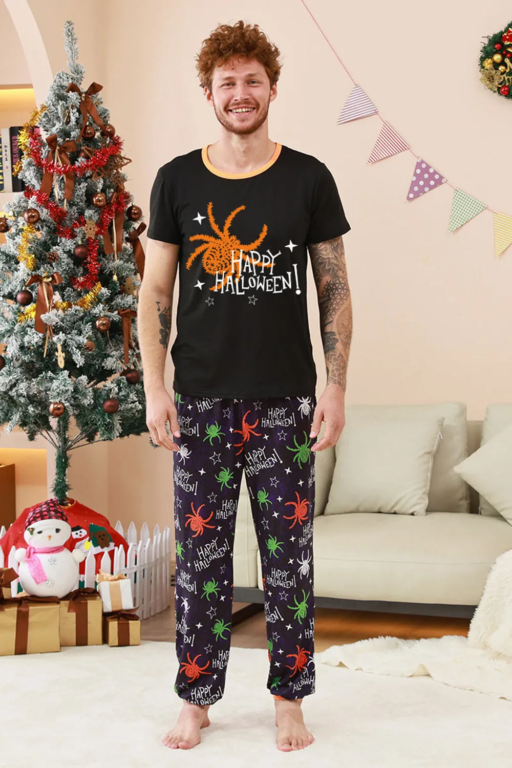 Black and Orange Spider Printed Halloween Family Pajamas Set sold by Zapaka product image thumbnail 3