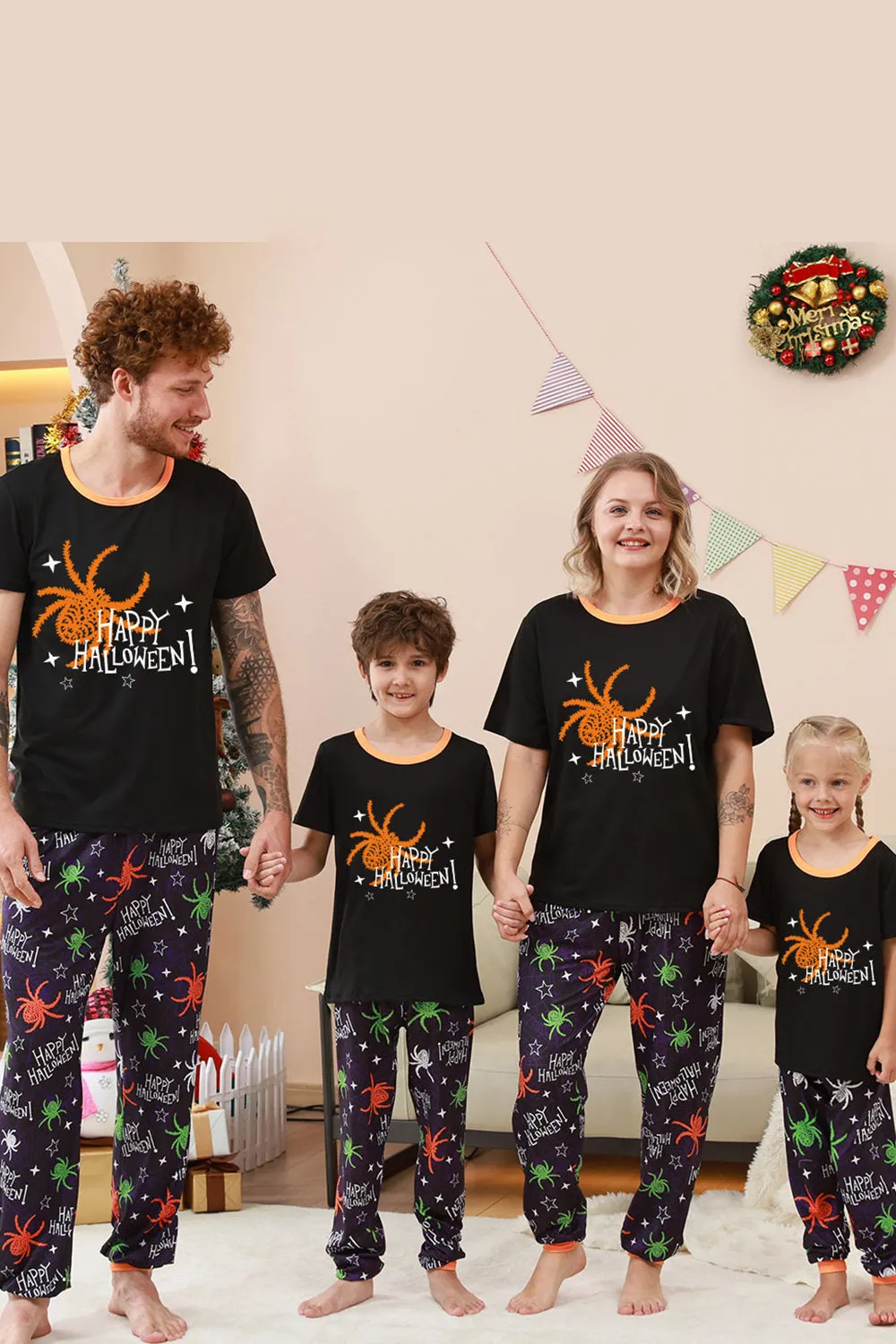 Black and Orange Spider Printed Halloween Family Pajamas Set sold by Zapaka