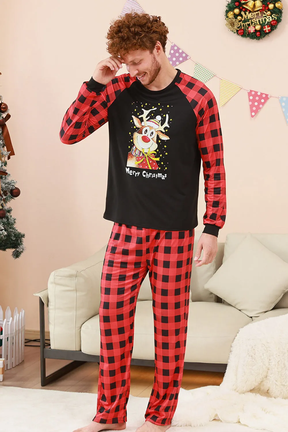 Black and Red Plaid Deer Printed Christmas Family Pajamas Set sold by Zapaka product image thumbnail 4