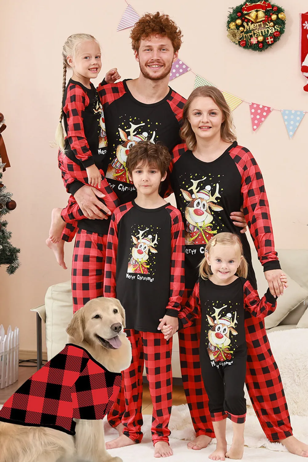 Black and Red Plaid Deer Printed Christmas Family Pajamas Set sold by Zapaka
