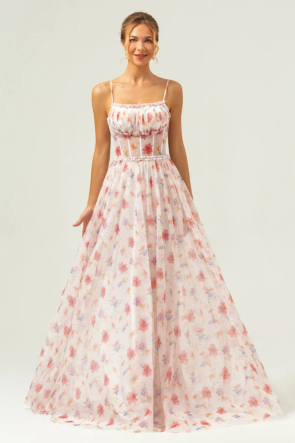 White Red Floral A Line Spaghetti Straps Corset Long Bridesmaid Dress sold by Zapaka product image thumbnail 3