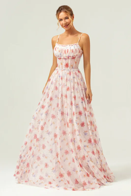 White Red Floral A Line Spaghetti Straps Corset Long Bridesmaid Dress sold by Zapaka