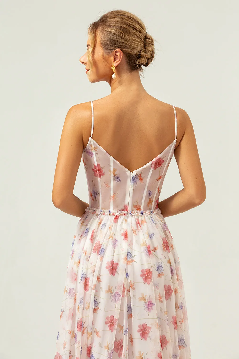 White Red Floral A Line Spaghetti Straps Corset Long Bridesmaid Dress sold by Zapaka product image thumbnail 5