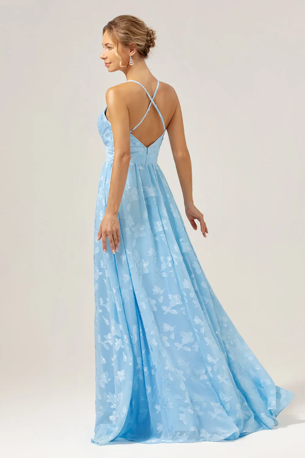Sparkly V-Neck Pleated Light Blue Long Bridesmaid Dress with Embroidery sold by Zapaka product image thumbnail 2