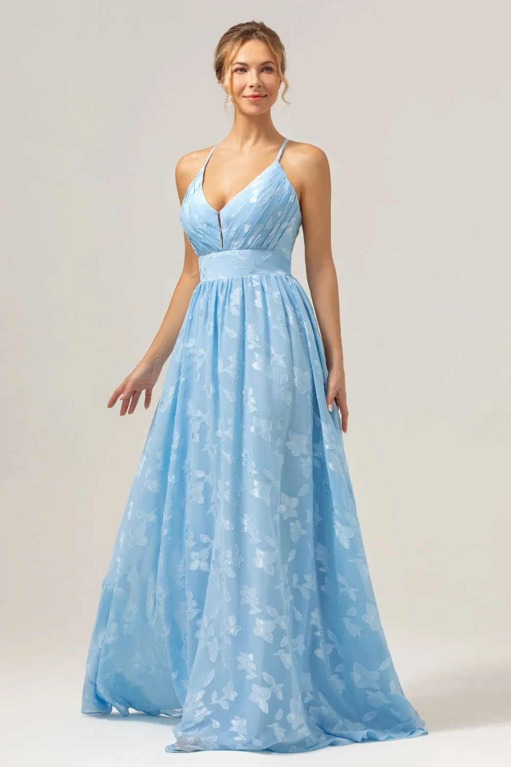 Sparkly V-Neck Pleated Light Blue Long Bridesmaid Dress with Embroidery sold by Zapaka product image thumbnail 3