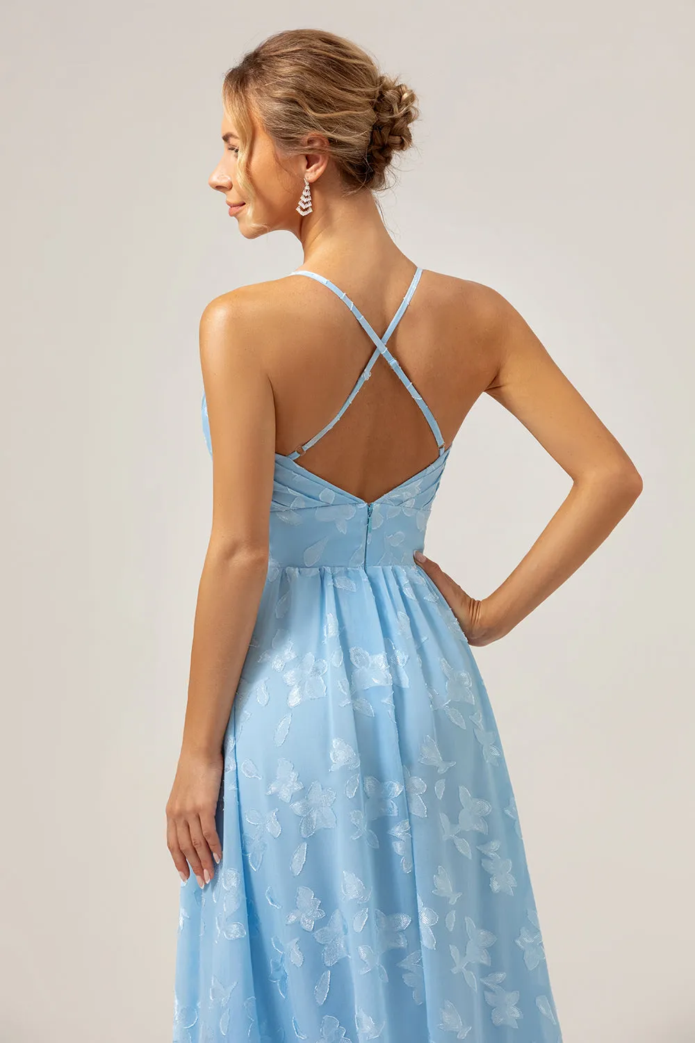 Sparkly V-Neck Pleated Light Blue Long Bridesmaid Dress with Embroidery sold by Zapaka product image thumbnail 5