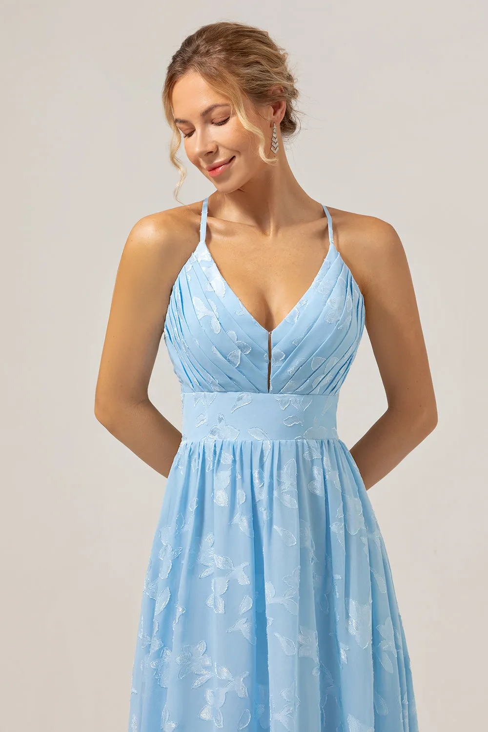 Sparkly V-Neck Pleated Light Blue Long Bridesmaid Dress with Embroidery sold by Zapaka product image thumbnail 4