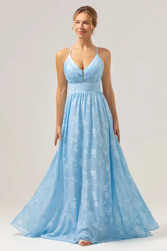 Sparkly V-Neck Pleated Light Blue Long Bridesmaid Dress with Embroidery sold by Zapaka