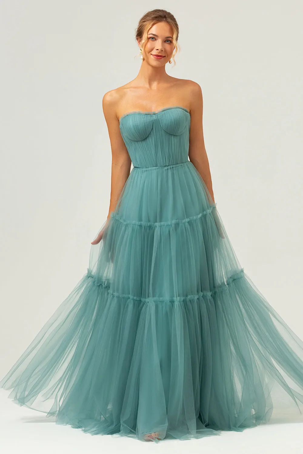 A-Line Strapless Corset Tulle Eucalyptus Bridesmaid Dress sold by Zapaka product image thumbnail 3