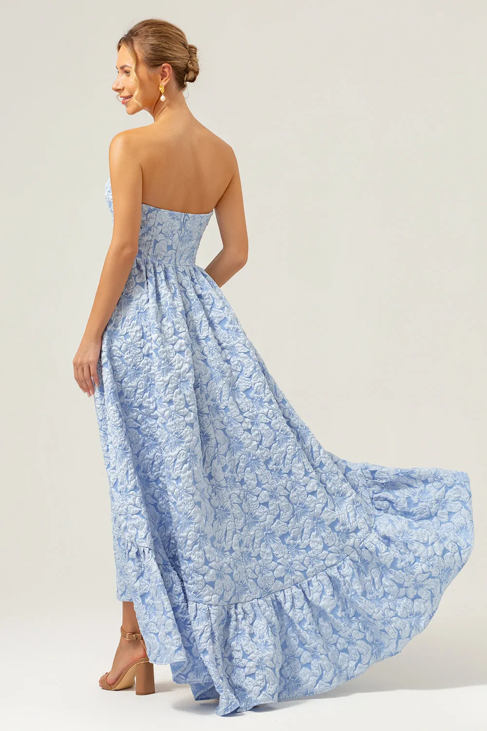 A-Line Blue Floral Strapless High Low Bridesmaid Dress sold by Zapaka product image thumbnail 2