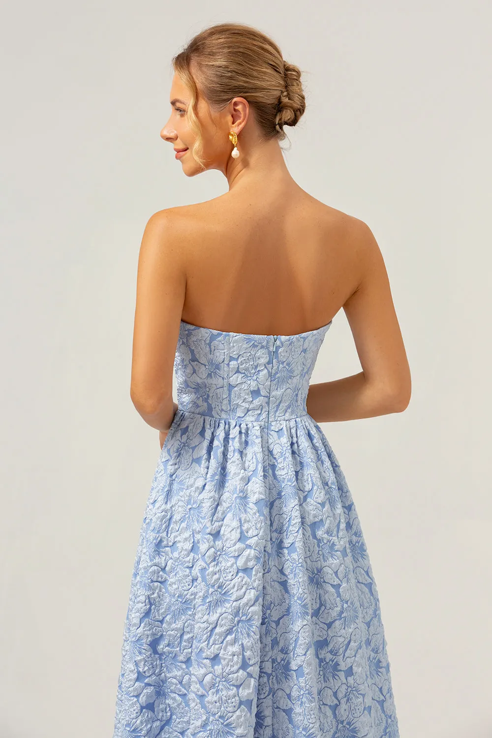 A-Line Blue Floral Strapless High Low Bridesmaid Dress sold by Zapaka product image thumbnail 5