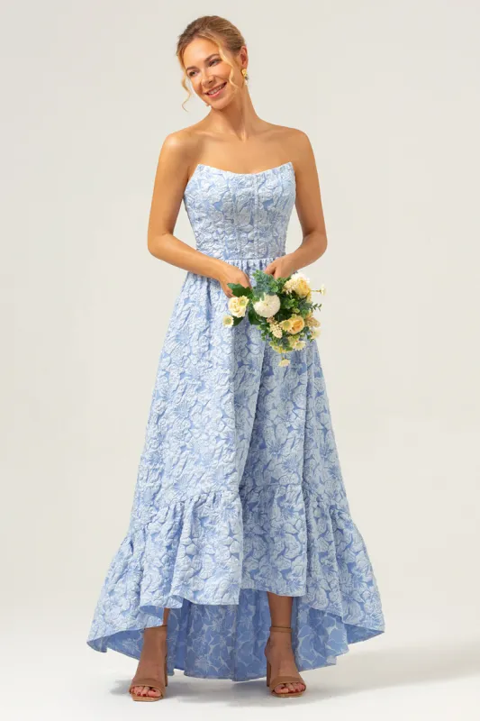 A-Line Blue Floral Strapless High Low Bridesmaid Dress sold by Zapaka