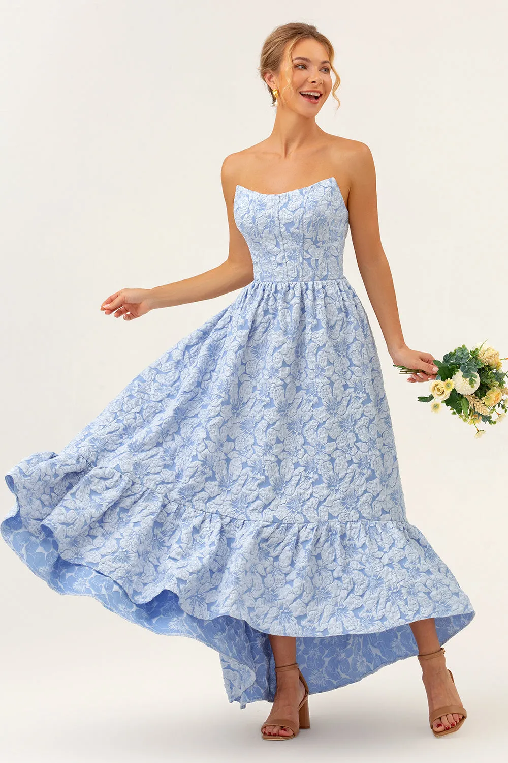 A-Line Blue Floral Strapless High Low Bridesmaid Dress sold by Zapaka product image thumbnail 3