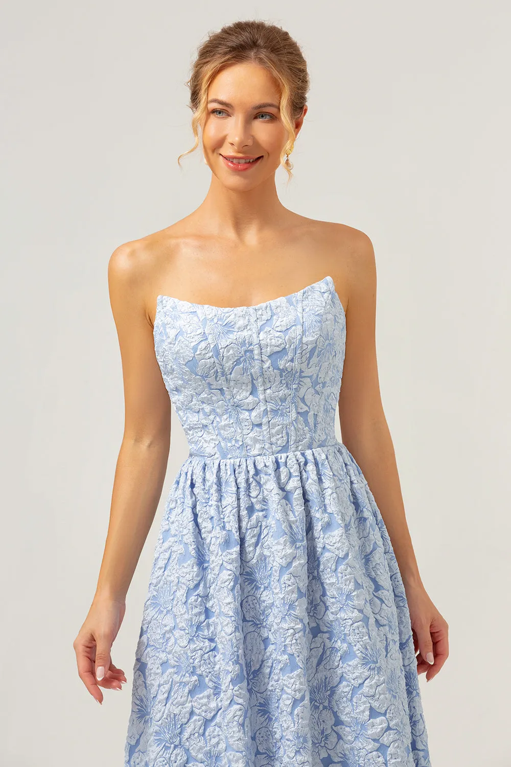 A-Line Blue Floral Strapless High Low Bridesmaid Dress sold by Zapaka product image thumbnail 4