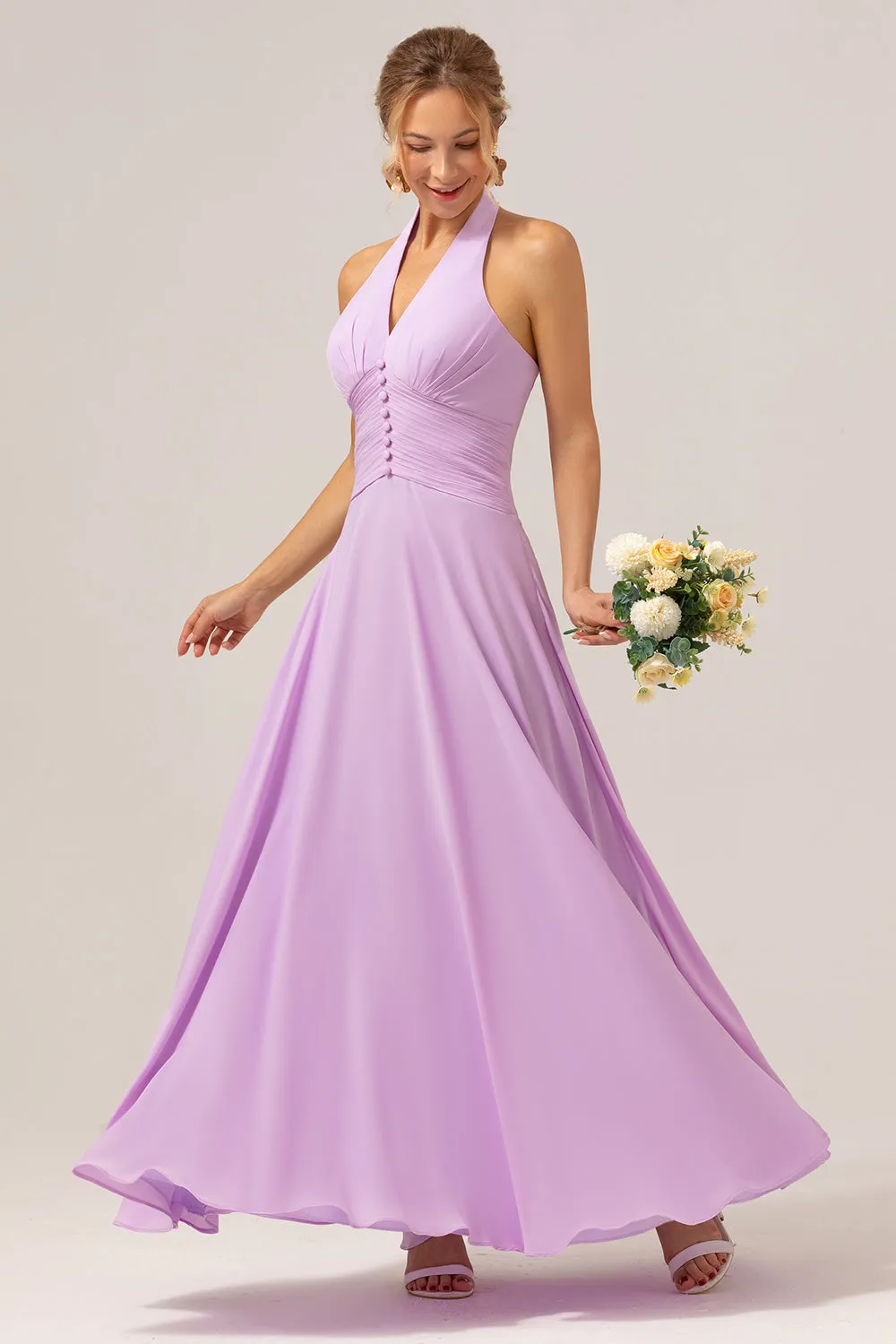 A Line Halter Chiffon Backless Long Purple Bridesmaid Dress sold by Zapaka