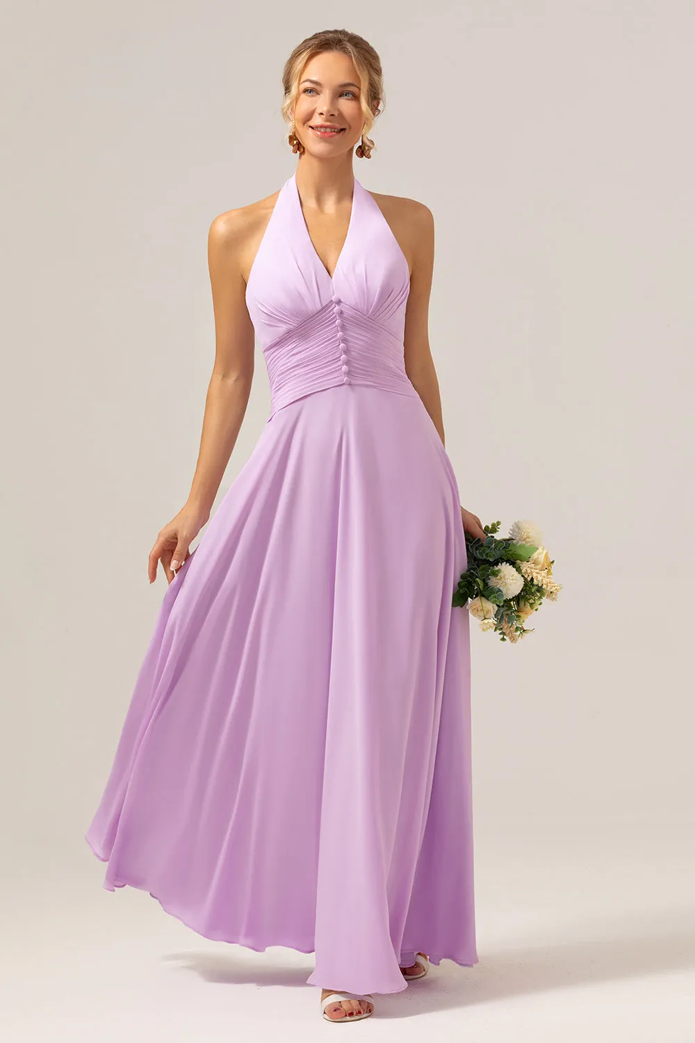 A Line Halter Chiffon Backless Long Purple Bridesmaid Dress sold by Zapaka product image thumbnail 3