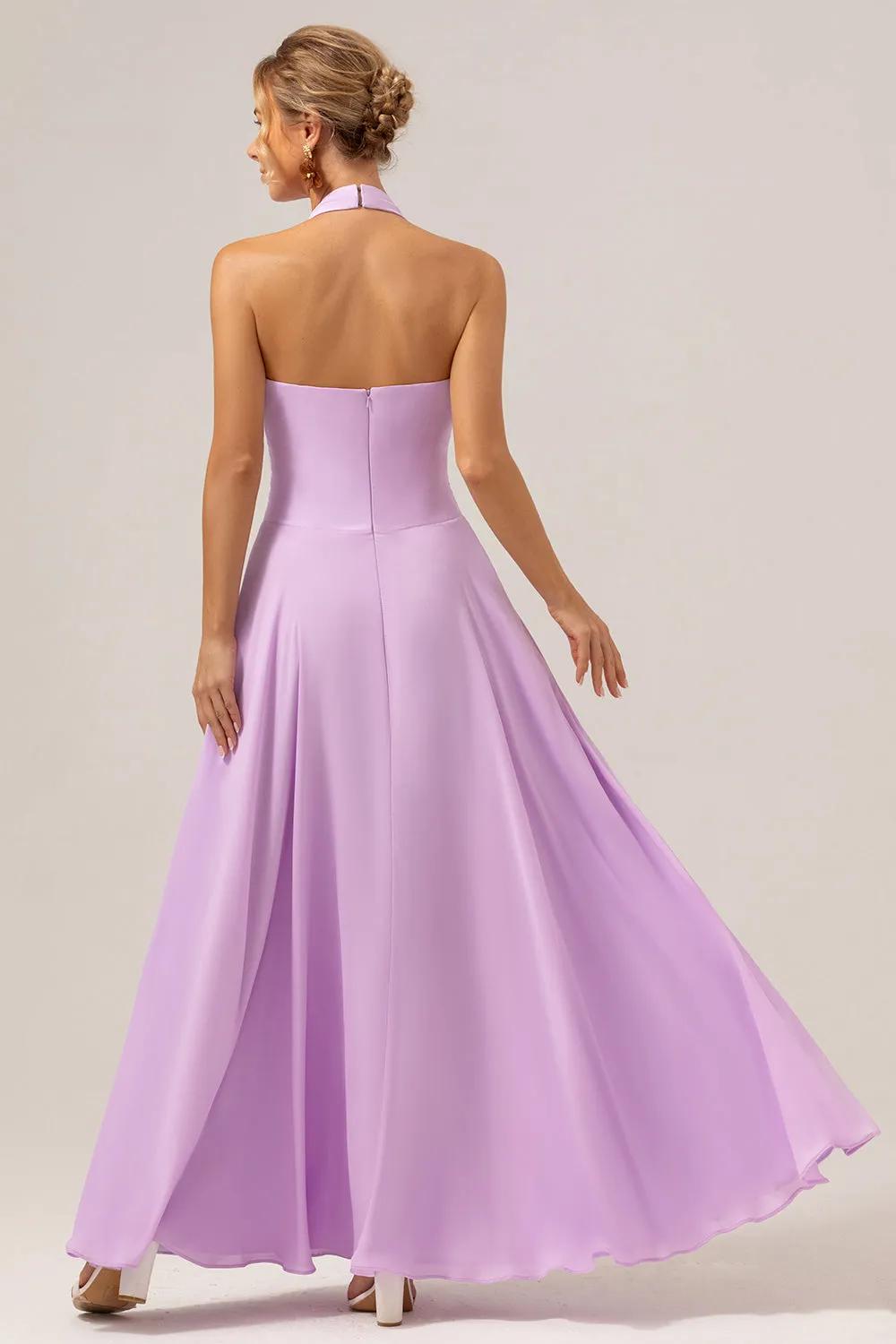 A Line Halter Chiffon Backless Long Purple Bridesmaid Dress sold by Zapaka product image thumbnail 2