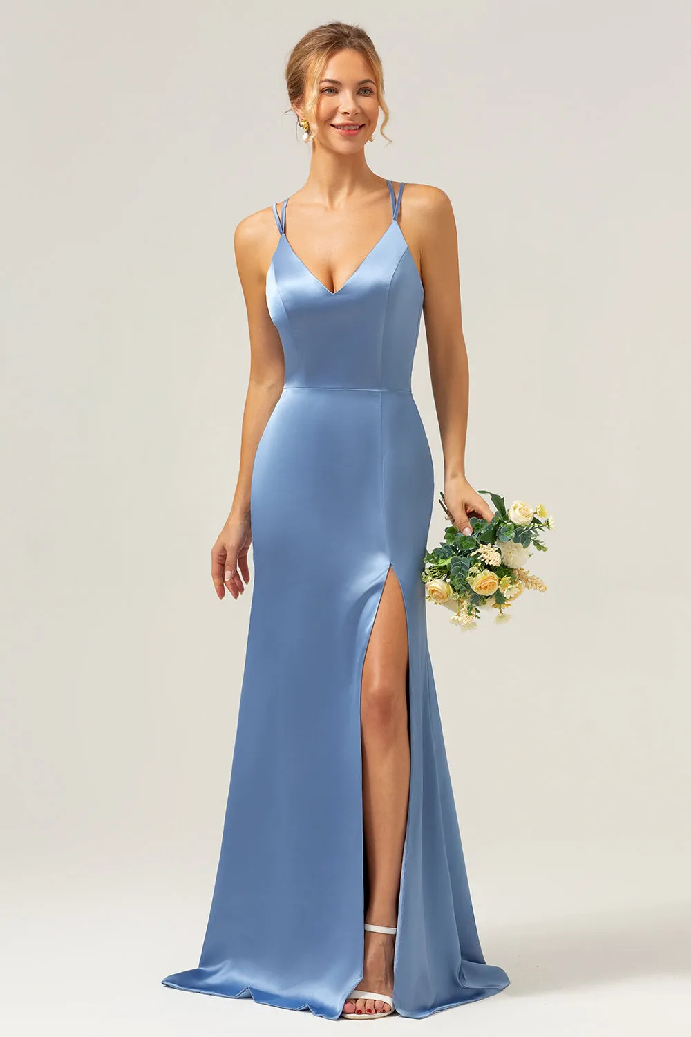 Blue Mermaid Spaghetti Straps Long Satin Bridesmaid Dress with Slit sold by Zapaka product image thumbnail 4