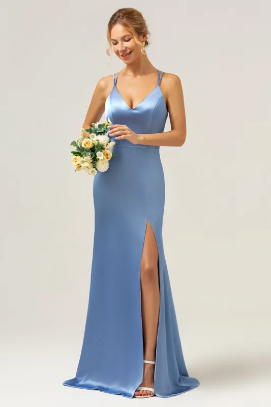 Blue Mermaid Spaghetti Straps Long Satin Bridesmaid Dress with Slit sold by Zapaka