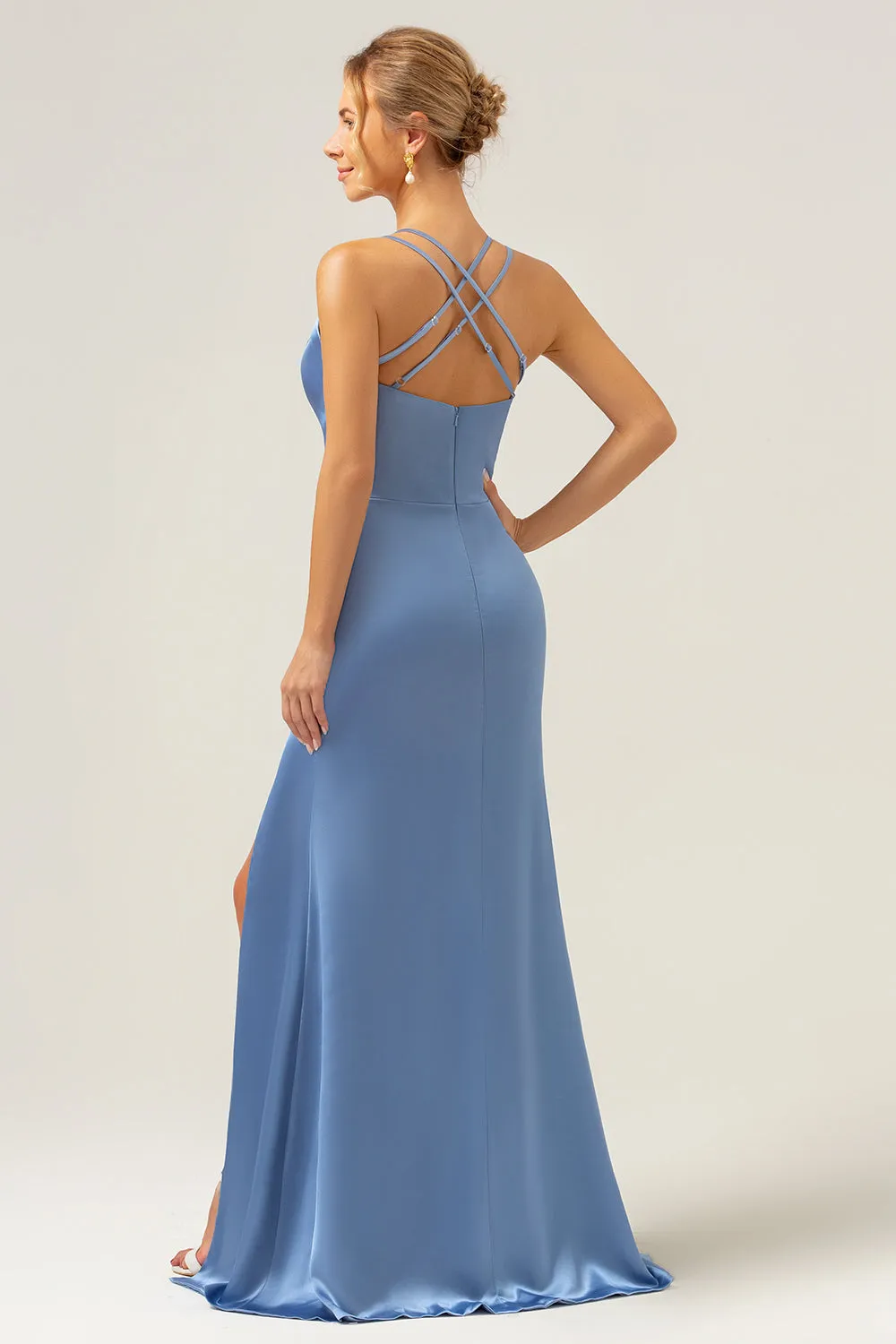 Blue Mermaid Spaghetti Straps Long Satin Bridesmaid Dress with Slit sold by Zapaka product image thumbnail 2